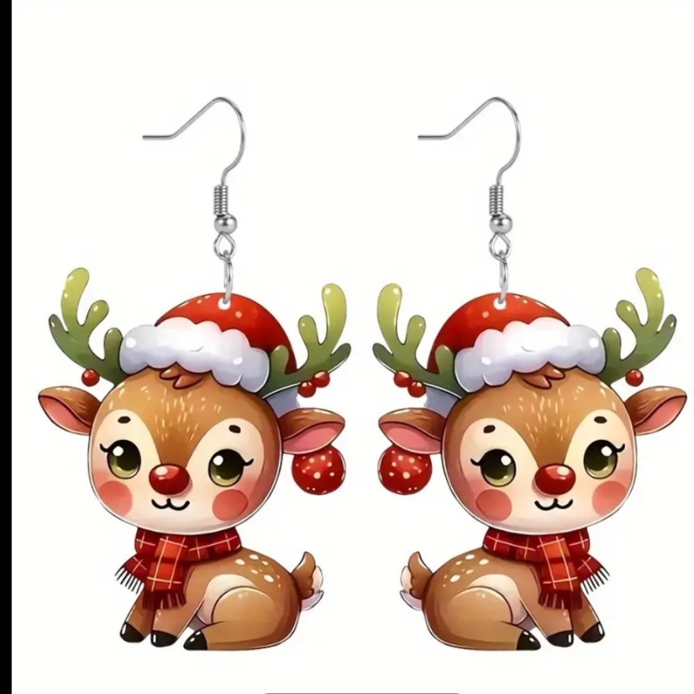 Festive Christmas Reindeer Acrylic Dangle Pierced  Earrings. NWOT